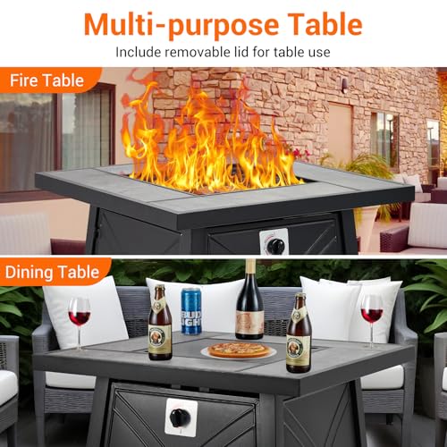 28 Inch Propane Fire Pit, Outdoor Gas Fire Pits Table 50,000BTU Squre Firepits Table with Lid and Lava Rock for Yard Patio Garden Outside Party