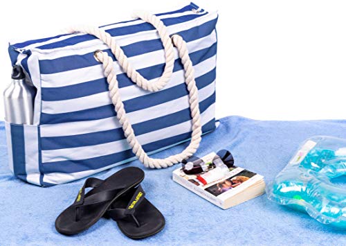Beach Bag and Pool Bag Has Cooler Pocket, 7 Pockets Total, Zip Top. Family Size Waterproof Beach Tote - Image 4