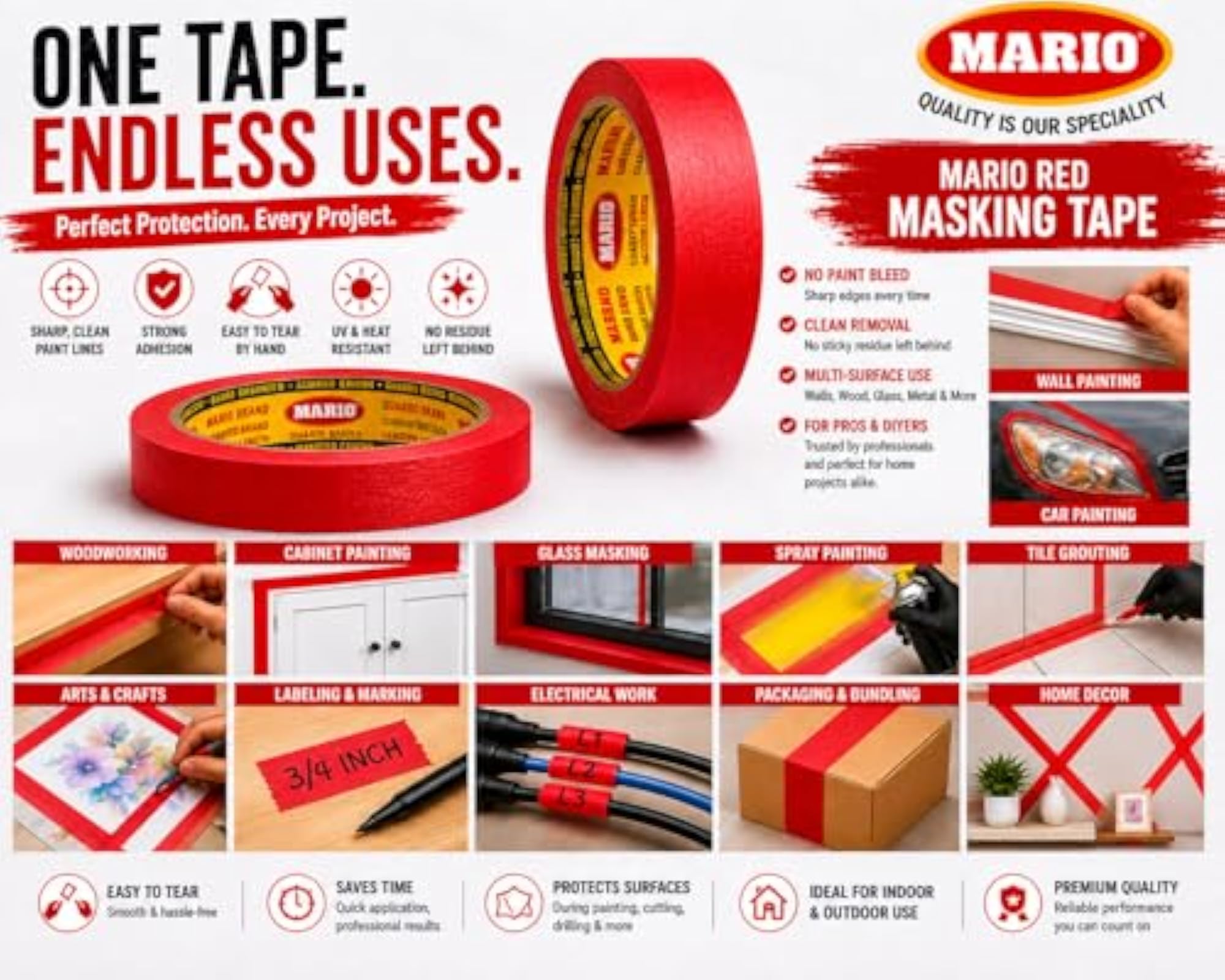 Durable Adhesive Masking Tape, 20 Meter Length, Pack of 2 Rolls