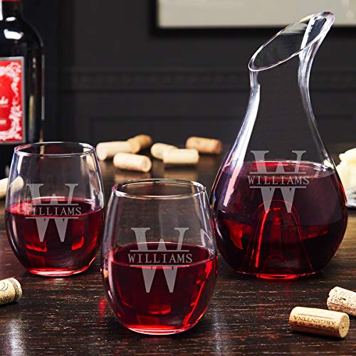 Engraved Wine Decanter Set With Stemless Wine Glasses - Personalized Wine Carafe Set