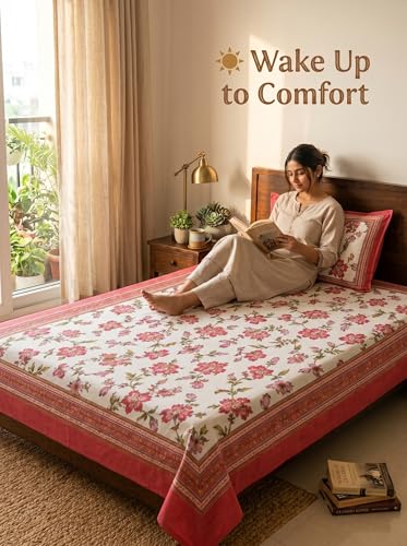 Image of Mafatlal 144 TC Heritage 100% Cotton Rajasthani Jaipuri Traditional Floral King Size Twin Bedsheet with Pillow Cover (90x60 inches)- Red