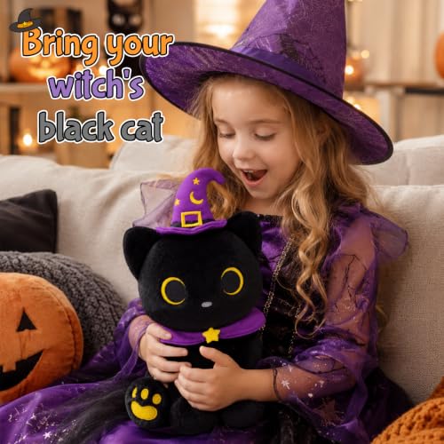 Image of Black Cat Plush - Halloween Stuffed Animal with Witch Hat & Scarf | 8inch Soft Spooky Plush Toy for Kids, Cute Boo Gift for Halloween Favor & Basket Stuffer