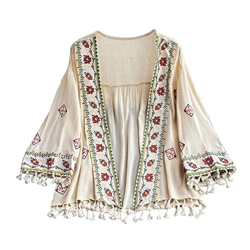 Women Bohemian Kimono Cardigan Tassel Embroidery Print Loose Beach Cover Up Floral V Neck Coat