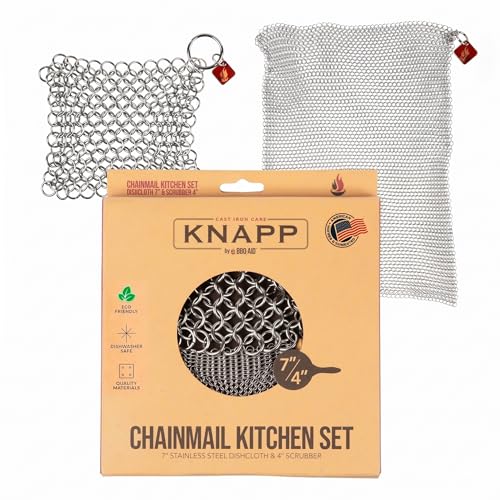 Knapp Made Cast Iron Chainmail Scrubber Kitchen Set - 4' and 7' Sizes. Premium Stainless Steel Cleaner for Your Finest Pots, Pans, and Kitchenware