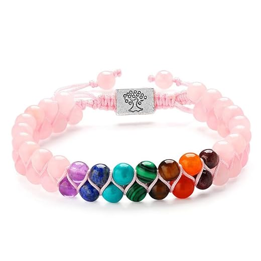 Lucktao Pulsera Cuarzo Rosa Piedra Natural,Pulseras de chakra para mujer,7 Chakras Pulseras,Pulsera de cristales de piedras curativas para mujer Piedras preciosas naturales Yoga Reiki Brazalete.