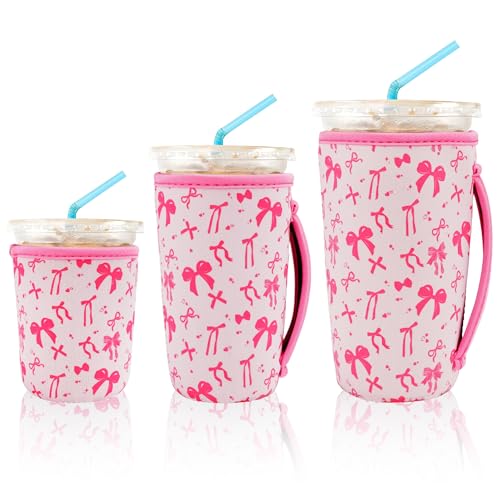 Image of KJQJLY 3 Pack Reusable Iced Coffee Sleeves for Iced Coffee Cups or Drinks Reusable Neoprene Insulated Sleeves for Hot and Cold Drinks from Starbucks, Dunkin, And More (Pink bow)