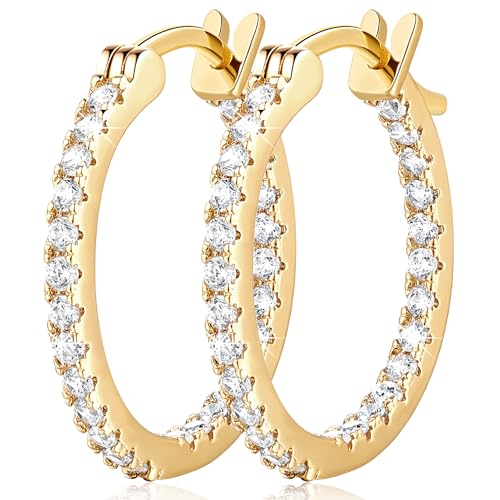 Gold Hoop Earrings 14K Gold Hoop Earrings for Women with Dual-sided Cubic Zirconia Hoops Earring for Women Sensitive Ears Hypoallergenic Womens earring 15/20/30/35mm