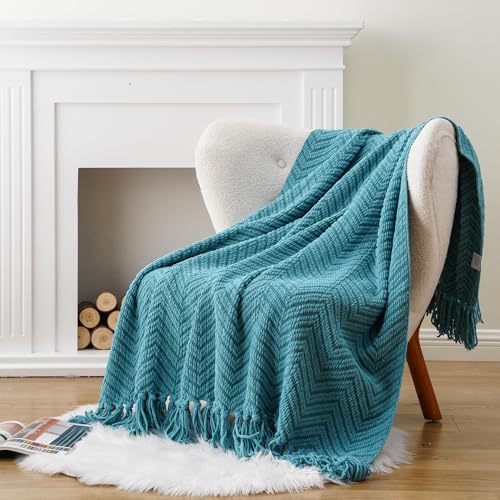 Image of BATTILO HOME Teal Throw Blanket for Couch, Knit Woven Turquoise Blanket Versatile for Chair, Super Soft Warm Decorative Blanket with Tassels for Bed, Sofa and Living Room, 60 inch x 80 inch