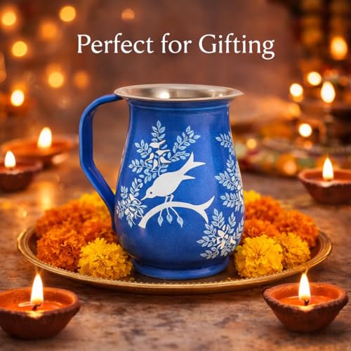 Image of iHandikart Handpainted Stainless Steel Water Jug| Decorative Steel Pitcher for Water, Juice & Milk | Floral Design Serving Jug for Kitchen, Dining & Home Decor | 8 x 6 Inch Multicolor