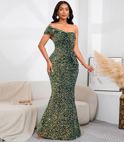 Image of Cololura Women Sexy Sequin One Shoulder Mermaid Formal Party Cocktail Gowns Bodycon Evening Maxi Dress