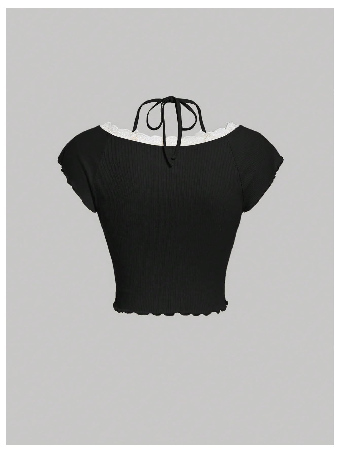 Verdusa Women's Contrast Lace Halter Neck Lettuce Trim Casual Crop Tee Tops: Large Black