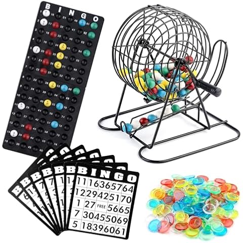 Homwom Deluxe Bingo Game Set Includes 18 Mixed Cards, 150 Vibrant Chips, 75 Calling Balls, 6” Bingo Cage - Premium Bingo Set for Large Groups and Parties Cover
