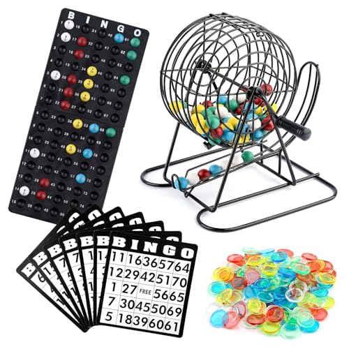 Homwom Deluxe Bingo Game Set Includes 18 Mixed Cards, 150 Vibrant Chips, 75 Calling Balls, 8” Bingo Cage - Premium Bingo Set for Large Groups and Parties