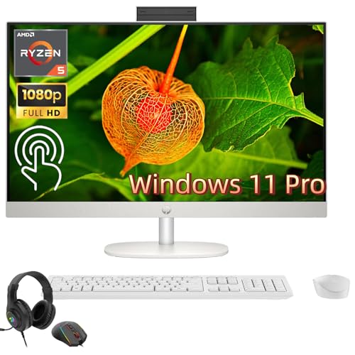 Image of HP All in One Desktop Computer 27 Inch, AMD Ryzen 5 7520U, AMD Radeon Graphics, 16GB DDR5, 1TB SSD, FHD (1920 x 1080) Anti-glare Touchscreen, Wi-Fi 6, Windows 11 Pro, Headphone and Mouse Accessory Kit