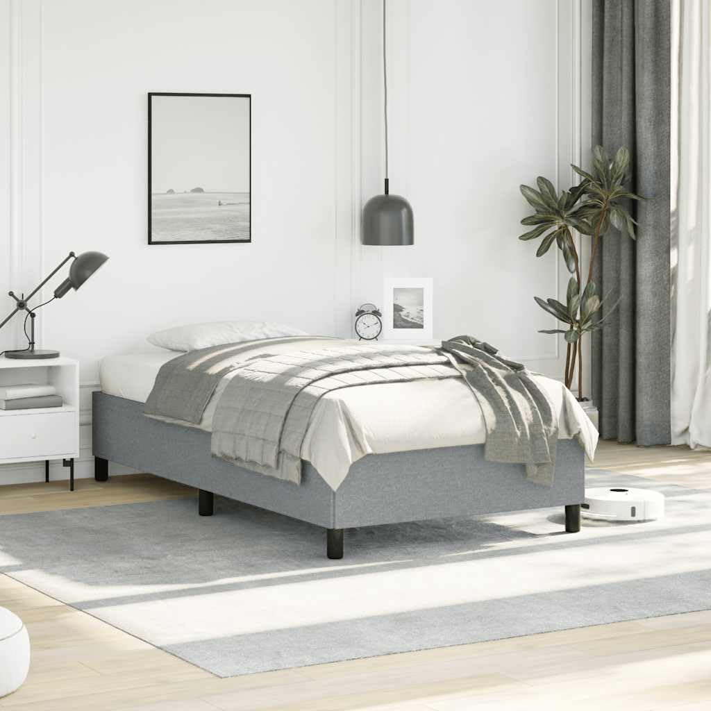 Light Grey Twin Bed Frame with Breathable Polyester Fabric Sturdy Engineered Wood Platform Foundation Easy Assembly Modern Minimalist Bedroom Furniture Mattress Support