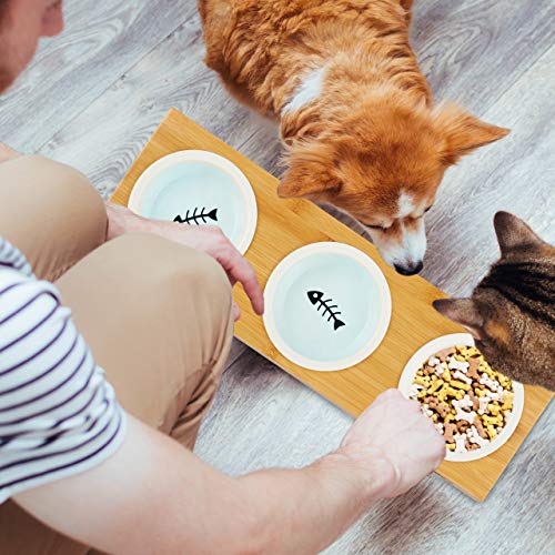 Relaxdays 3er Napfständer Bambus, Keramikschalen Wasser & Futter, spülmaschinenfest, Napfbar Katzen, kleine Hunde, natur, L