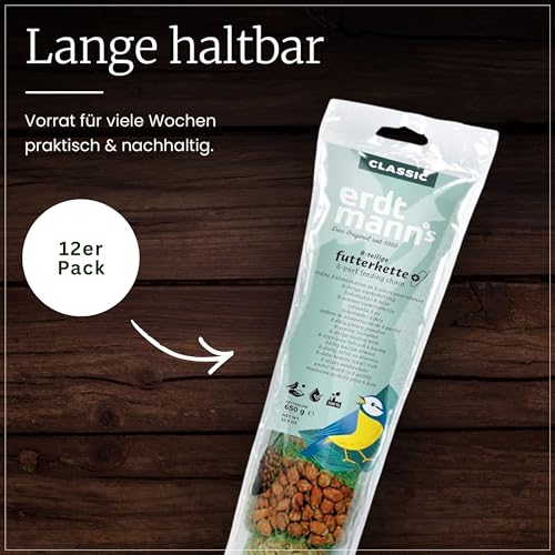 Erdtmanns Futterketten 12 x 650 g – Vogelfutter-Ketten mit Meisenknödeln & Nussbeuteln – abwechslungsreiches Ganzjahresfutter für Wildvögel – zum Aufhängen – Lange Haltbarkeit