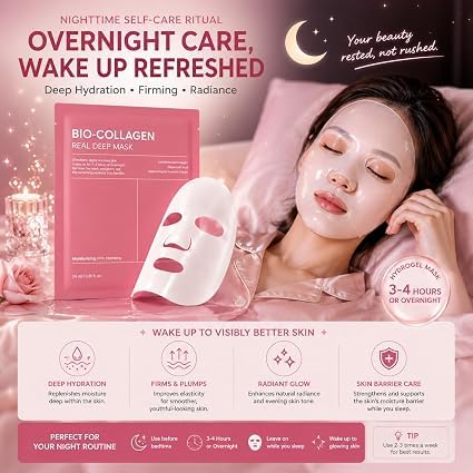 Image of Bio-Collagen Real Deep Sheet Mask for Hydrating and Firming Skin | Face Mask for Glowing Appearance and Pore Care with Hyaluronic Acid and Probiotics | Suitable for All Skin Types, 34g