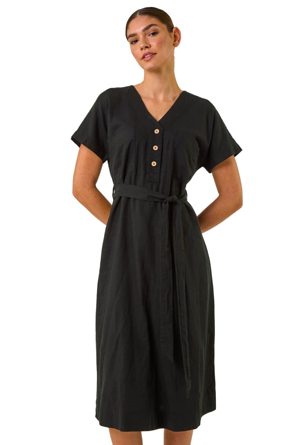 Roman Originals Women's Noir Linen Swing Tea Dress Uk Skater Midi A Line Fit & Flare Summer Casual Smart Cocktail Party Going Out Work Cruise Button Through Long Pocket - Size 20