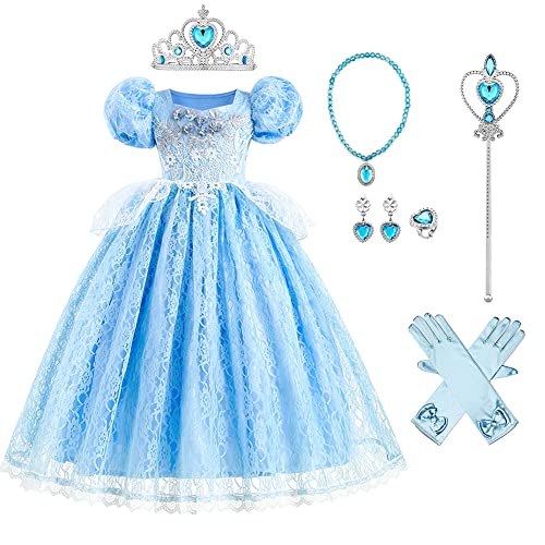 Niño Niña Vestido Princesa Cenicienta Trajes Carnaval Halloween Navidad Cumpleaños Fiesta Jugar Un papel Guantes Varita Mágica Accesorios Azul Claro-15 5-6 Años Cover
