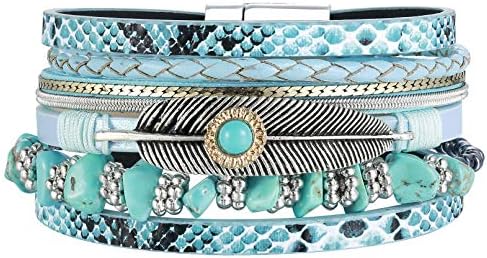 AZORA Womens Leather Cuff Bracelet Multi Strands Feather Wrap Bracelets Turquoise Stone Strand Bangle Jewelry Birthday Gift for Women Teen Girls Boys Prime