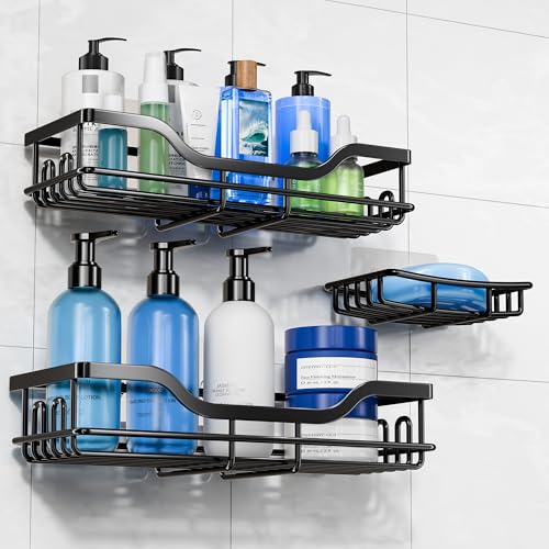 OMAIRA 3-Pack Shower Caddy with Soap Holder, Adhesive Rustproof No-drill Strudy Loading Inside...