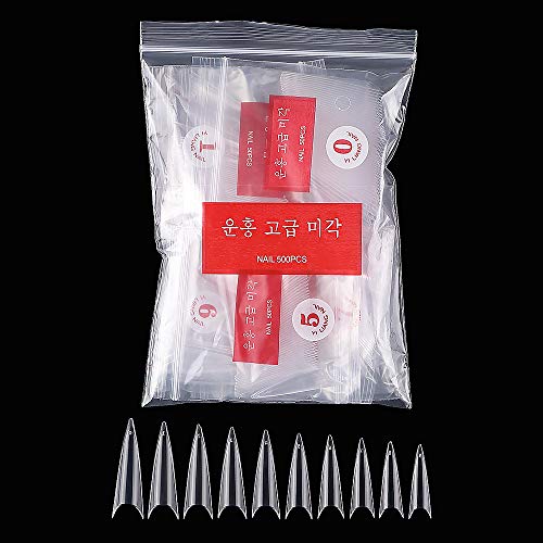 500pcs Long Stiletto False Nails Artificial Fake Nail Tips 10 Sizes With Bag for Manicure Nails Art Salons & Home DIY (Clear)