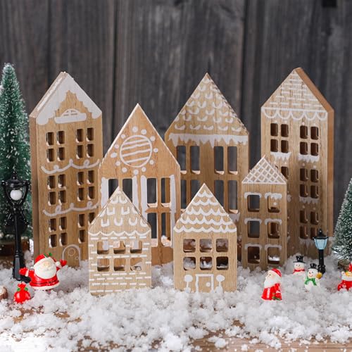 Briwooody 7 Pcs Christmas Village Houses Wooden Christmas Village Set Gingerbread House Decor Wood Ginger Bread Decor Winter Desk Shelf Ornament for Home Office Coffee Bar Tabletop(Gingerbread Colors)