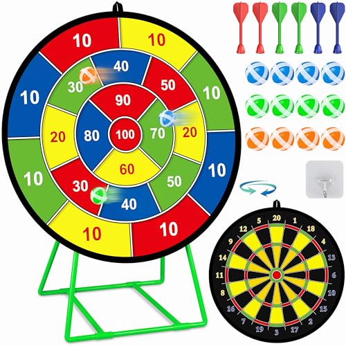 Large Dart Board for Kids with Stand, Double Sided Kids Dart Board with 12 Sticky Balls and Darts,Family Party Party Supplies for Kids, Gift for Boys Toddlers 3 4 5 6 7+ Year Old Birthday Christmas