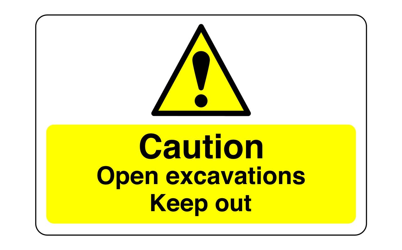 Safety First Display Ltd Yellow/Black Caution Open Excavation Sign - 1.2Mm Rigid Plastic For Indoor/Outdoor Usage (400Mm X 300Mm) Viewing Distance Within 14M.