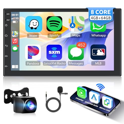 Hodozzy 4GB+64GB 8 Core Double Din Android Car Stereo with CarPlay Android Auto, 7 Inch Touchscreen Universal Car Radio GPS Navigation Bluetooth WIFI Mirror Link SWC FM RDS Radio+Reversing Camera+MIC