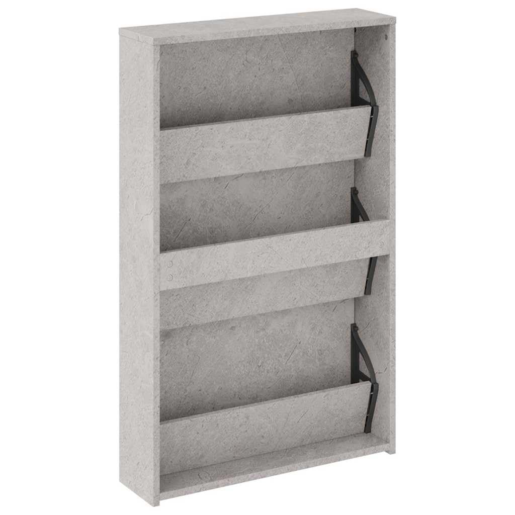 Zapatero con espejo, color gris hormigón, material de madera, 63 x 17 x 102,5 cm, 3 compartimentos, espacio de almacenamiento, para pasillo, salón, dormitorio, con estantes plegables para