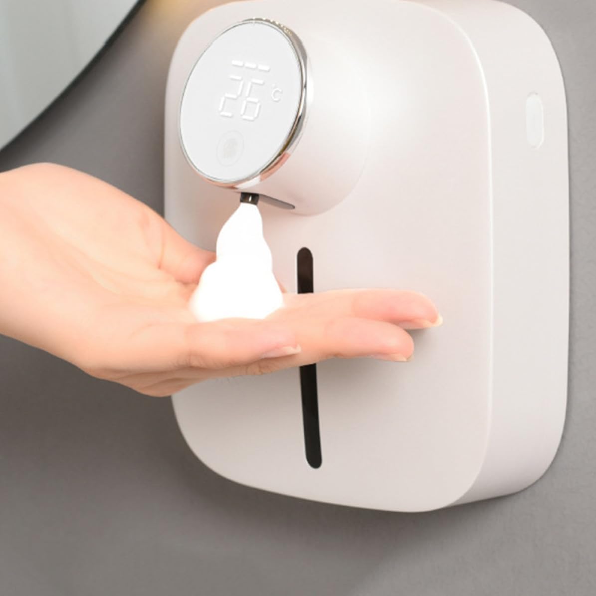 Dispenser Sapone Liquido Automatico da Muro Sensore Intelligente, Ricaricabile Usb, Capacità 320ml, Schermo Temperatura, per Hotel e Bagni