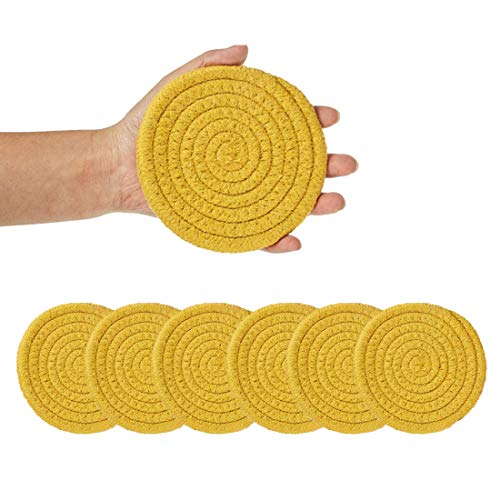 Coasters for DrinksWoven Coasters for Drinks Absorbent Handmade Braided Cup Coasters Set Heat-Resistant Yellow Pads for Kitchen Outdoor Bar 6 pcs 43inches