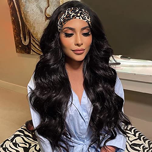 AISI QUEENS Long Wavy Headband Wigs for Women Black Curly Wave Wig Synthetic Heat Resistant Wig with Headband Attached for Daily Party Use 22inches