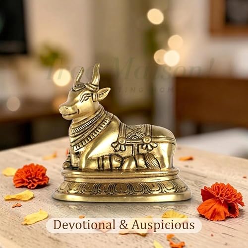 Image of Vastu Brass Nandi Cow Statue | 810 g Weight Approx | Vastu Remedy for Home & Office | Size- 9 X 11 Cm | Nandi Idol for Pooja | Vastu Brass Nandi Bull