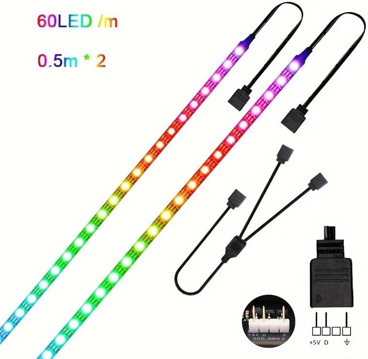 Miniatura 6 de Tira de luz RGB para carcasa de PC, 2 x 19.7 pulgadas, 60 LED, tira LED direccionable para placa base, 5 V, 3 pines, funda de juegos, iluminación de