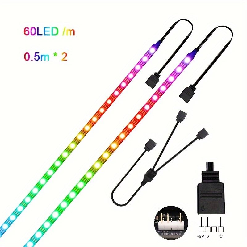 Image of RGB Strip Light for PC Case, 2x19.7in 60LEDs Addressable LED Strip for Motherboard 5V 3-Pin Header Gaming Case DIY Lighting