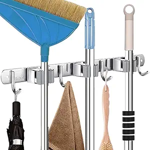 Zeinwap Broom Mop Holder Wall Mount Stainless Steel Wall Mounted Storage Organizer Heavy Duty Tools Hanger with 3 Racks 4 Hooks for Kitchen Bathroom Closet Garage Office Garden-1Pc