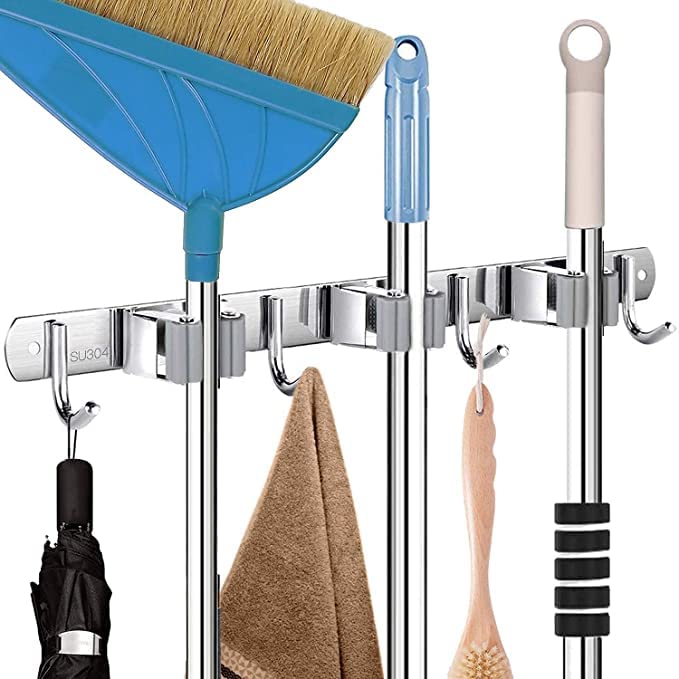 Zeinwap Broom Mop Holder Wall Mount Stainless Steel Wall Mounted Storage Organizer Heavy Duty Tools Hanger with 3 Racks 4 Hooks for Kitchen Bathroom Closet Garage Office Garden-1Pc, Hanging Shelves (B0B9JX9CZC) Amazon Price History, Amazon Price Tracker
