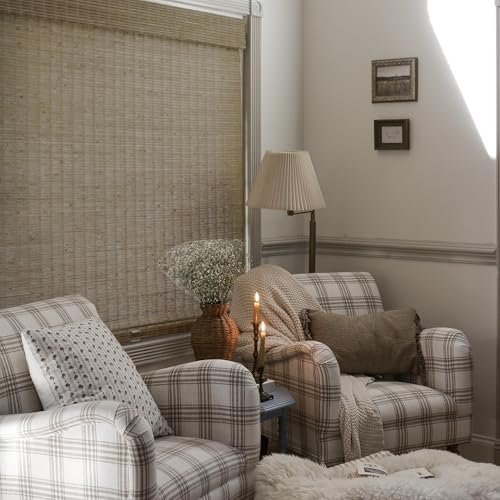 Image of TWOPAGES Natural Cordless Jute Bamboo Shade Roman Window Shade Customized No Drill Blackout Light Filtering Roman Blind for Indoor Windows, Natural, 1 Piece