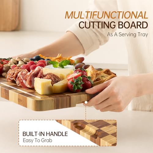 Image of Bamboo Cutting Boards for Kitchen, End Grain Wood Cutting Board with Juice Grooves & Handles, Charcuterie Checkered Chopping Board Thick Butcher Block Serving Tray with Gift Box, 16.5 inchx11.6 inchx 1 inch