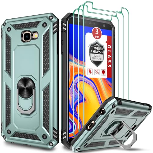 for Galaxy J4 Core Case, Galaxy J4 Plus Case 6', for Galaxy J4 Prime J415 Case, with [3X Tempered Glass Screen Protector], Built-in Ring Kickstand Shockproof Dual Layer Hybrid TPU PC Case - Green