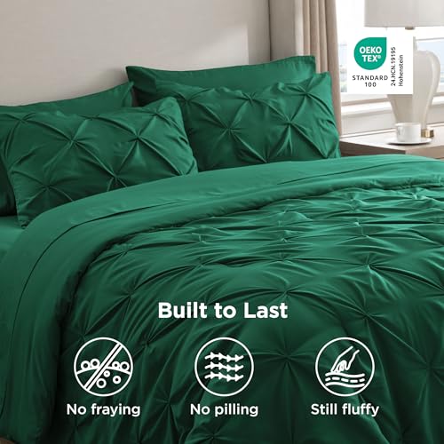Image of Bedsure King Size Comforter Set Dark Green - Bed in a Bag Bedding Set 7 Pieces, GentleSoft Pintuck Bed Set Gift for Family, All Season Down Alternative Comforter with Sheets, Pillowcases & Shams