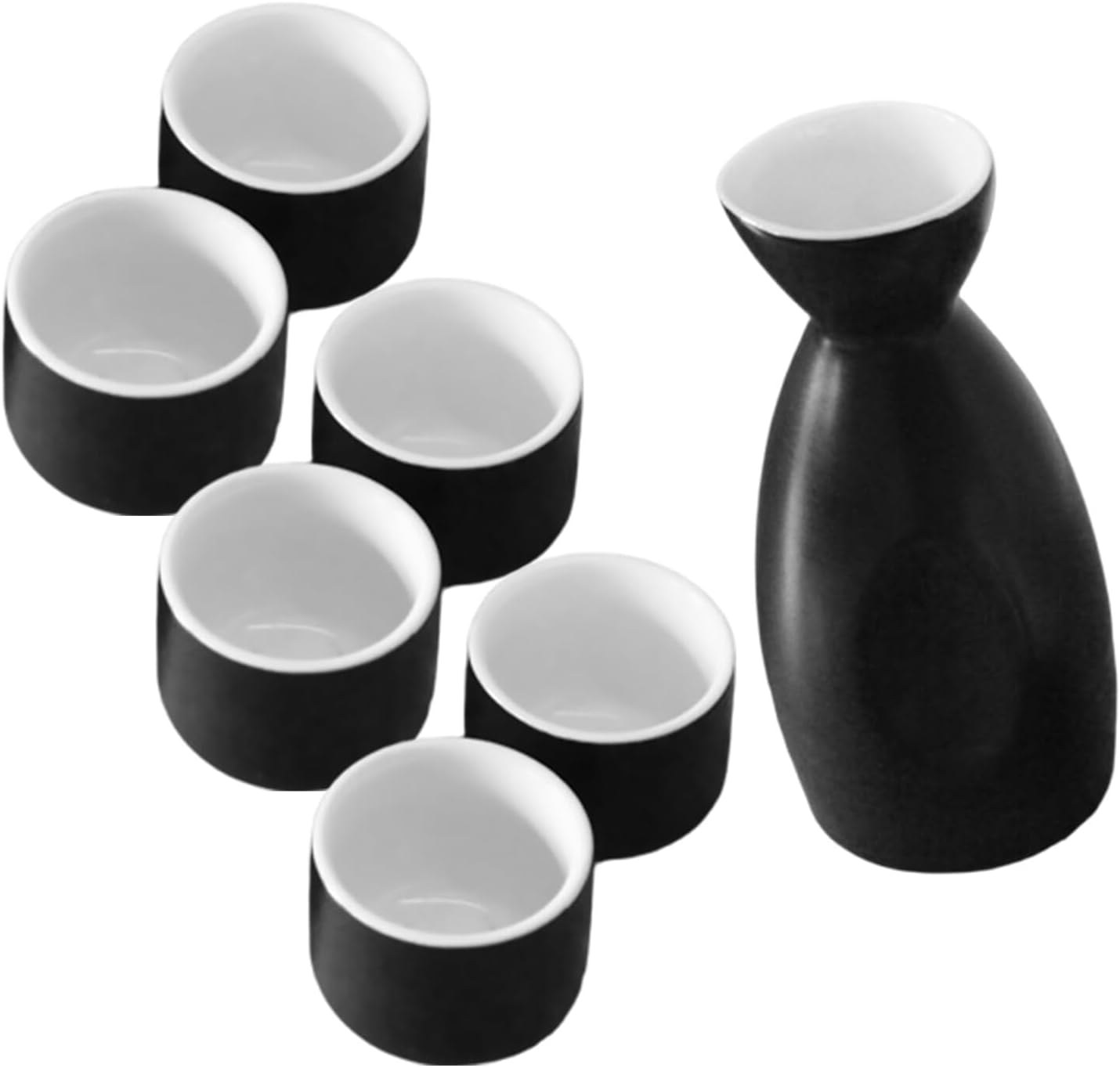 SHOWERORO Japanese Sake Set 250ml Ceramic Tokkuri Bottle with Six 30ml Black and White Porcelain Ochoko Cups Traditional Hot and Cold Sake Drinking Set with Eco-friendly Storage Box for Home