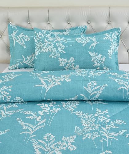 Image of VOMZER Super Soft Microfiber All-Season King Size AC Comforter (90x95 Inches) | Duvet for Double Bed with 1 Elastic Fitted Bedsheet (72x78 Inches) 2 Pillow Covers | 4 Piece Comforter Set Aqua Lily