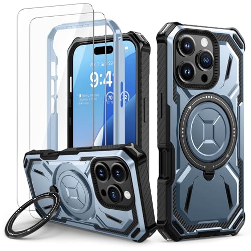 Coque iPhone 16 Pro blindée Lanhiem étui antichoc avec support bague bleu