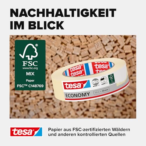 tesa Malerband ECONOMY - Vielseitiges Klebeband für Malerarbeiten ohne Lösungsmittel - Bis zu 4 Tage nach Gebrauch rückstandslos entfernbar, 5x 50 m x 30 mm