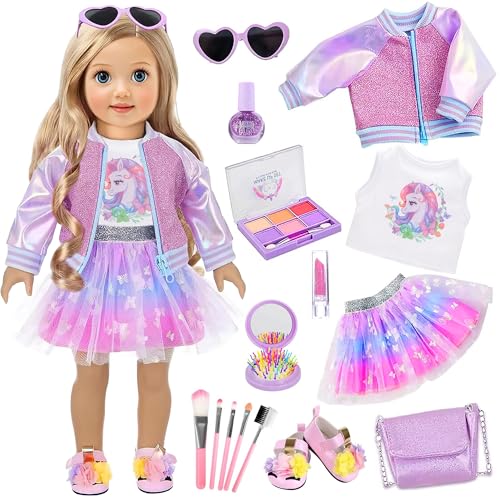 ebuddy 18 Inch Doll Clothes and Accessories - Unicorn Outfit with Glitter Jacket Tulle Skirt Purse Sunglasses & Accessories for 18 Dolls (Doll Not Included)