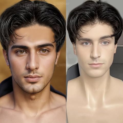 Men's Wigs Short Sideburns Cut Straight Human Hair Full Lace Wig for Men Short Pixie Cut Middle Part Human Hair with Bang for Male Guy Daily Wear 8inch 150Density Cover